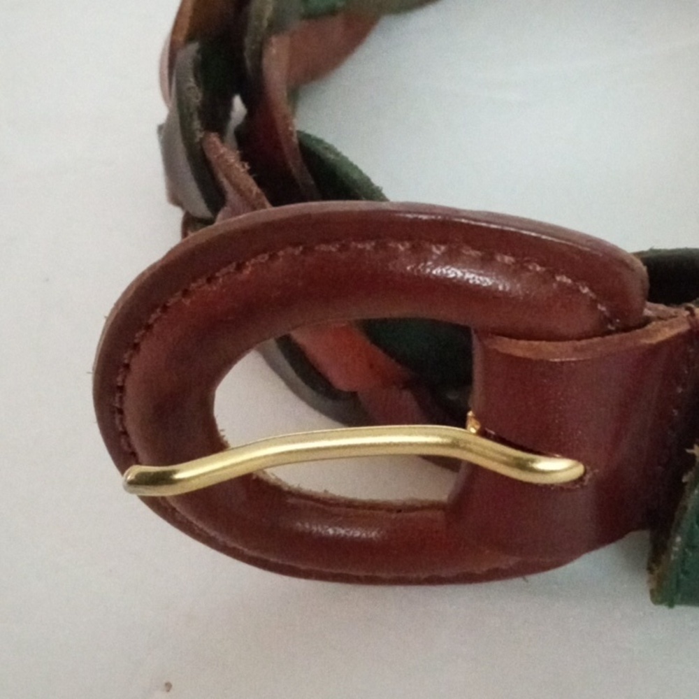 Women's Braided Leather Belt sz L Tan Dark Green Brown Preowned - Picture 3 of 5
